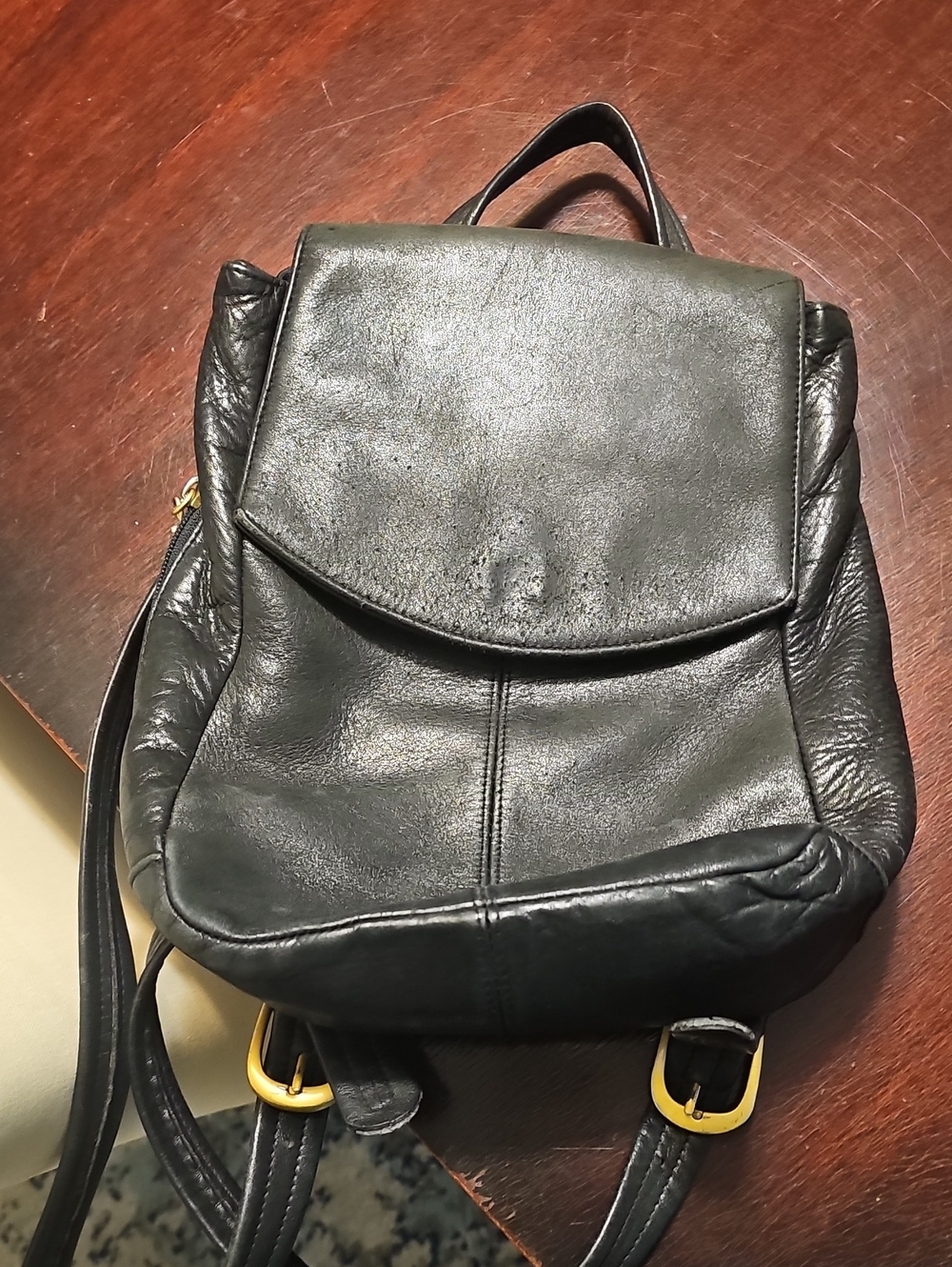 Tignanello Black Leather Backpack with Gold Hardware